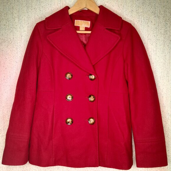 Michael Kors Red Wool Blend Double Breasted Pea Coat Small - Picture 1 of 9